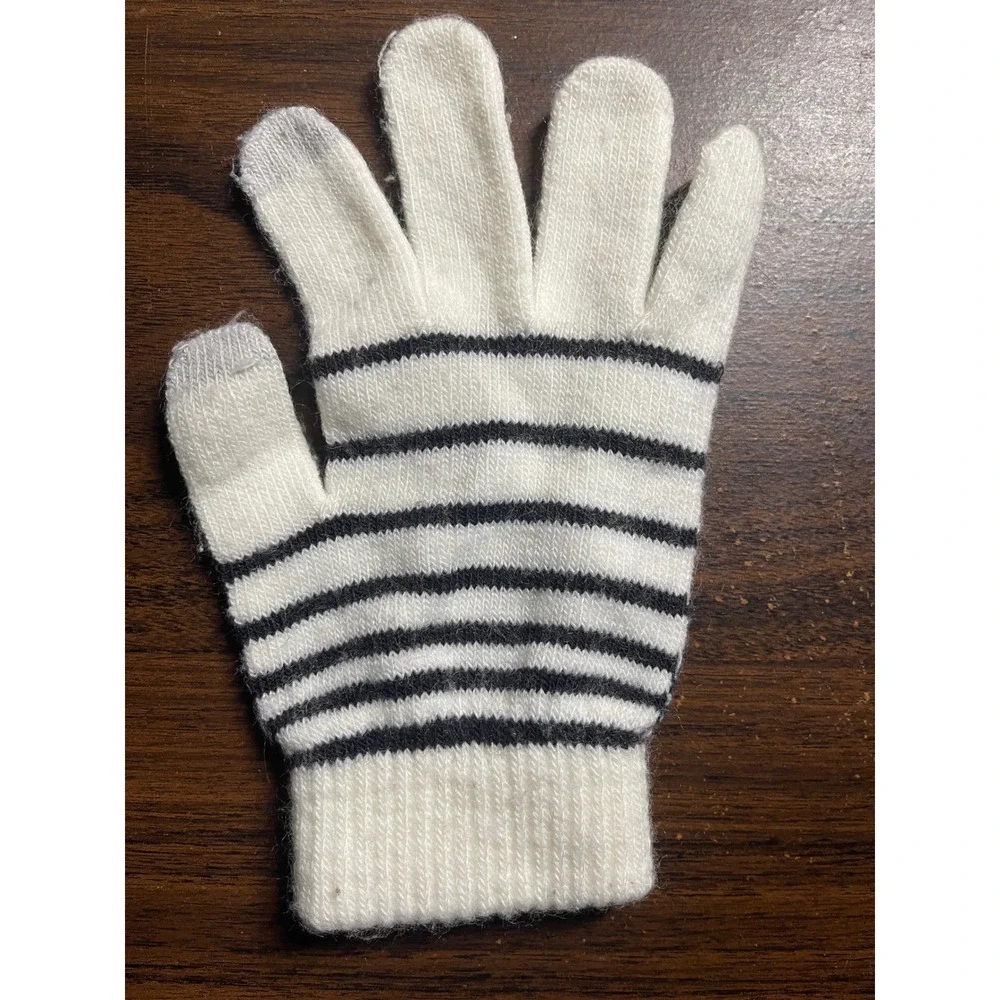 Cream and Black Striped Knit Touchscreen Gloves Winter Tech Accessories